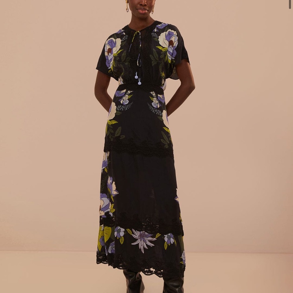 Farm Rio Black Soft Garden Lace Maxi Dress